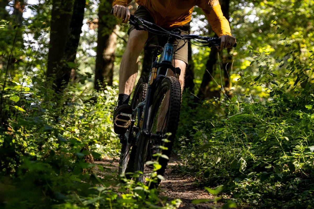 Crank Bros Stamp EVO pedals visible as a rider descends a forest trail